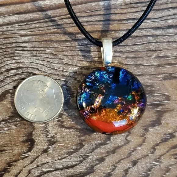 Dichroic Fused Art Glass Round Blue Red Pendant Black Leather Cord Necklace C - Picture 6 of 7